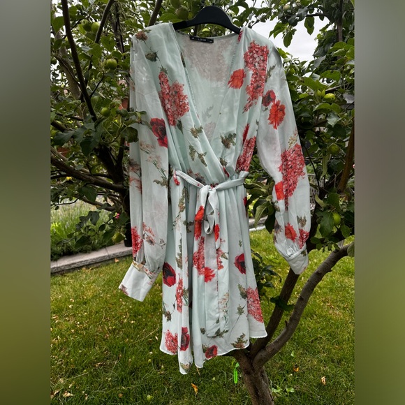 JF LEFON Mint Green Floral Long Sleeve Faux Wrap Belted Mini Dress, Sz L - Picture 4 of 16